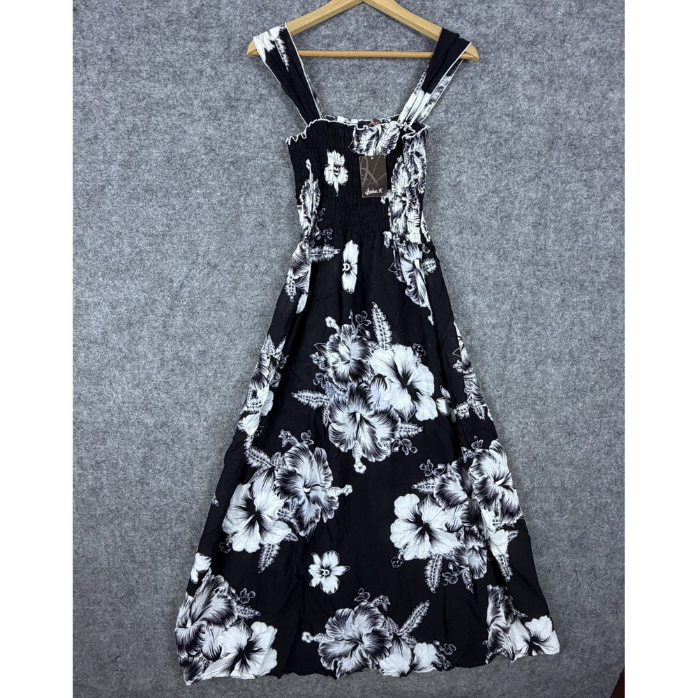 Jackie Sundress Women Small Black White Floral Smocked Dark Romantic Summer Date